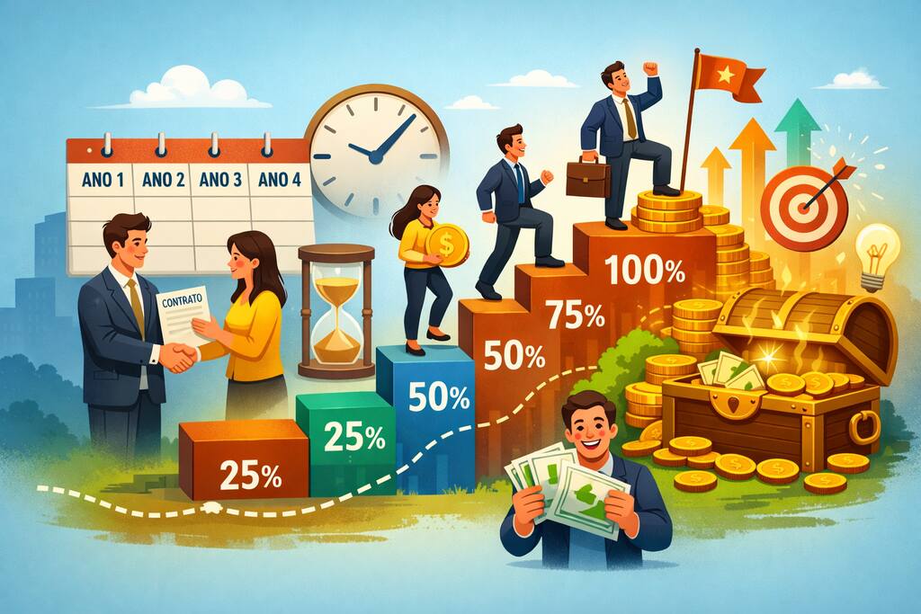 Ilustração mostrando o que é vesting com etapas de 25%, 50%, 75% e 100% representando a liberação progressiva de ações ou benefícios ao longo do tempo.