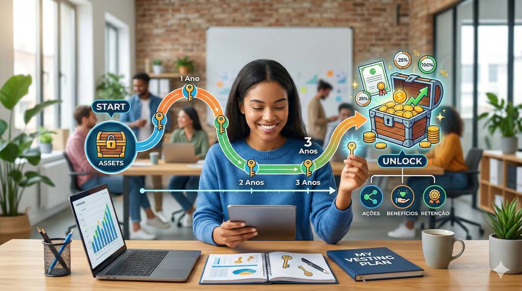 Ilustração explicando o que é vesting com linha do tempo de anos, desbloqueio de ações e crescimento de benefícios ao longo do período de permanência na empresa.