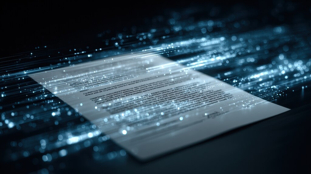 Documento digital relacionado a contrato em visual law com elementos tecnológicos e visual moderno para facilitar a compreensão jurídica.