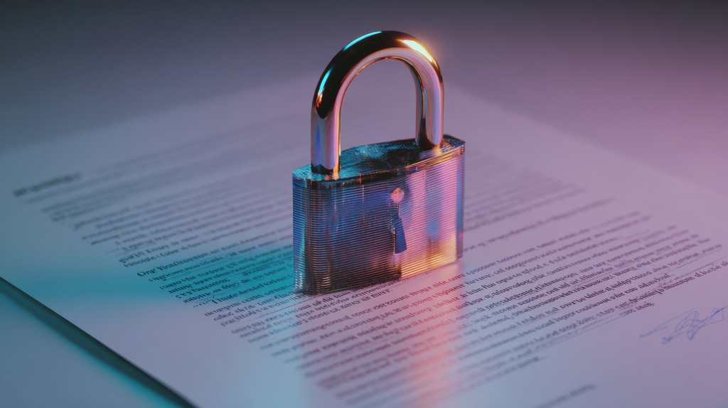 Contrato em visual law com cadeado sobre documento representando segurança jurídica e proteção de informações contratuais.